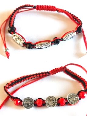 Red and Black Saint Medal Beaded Bracelet - Women's Jewelry